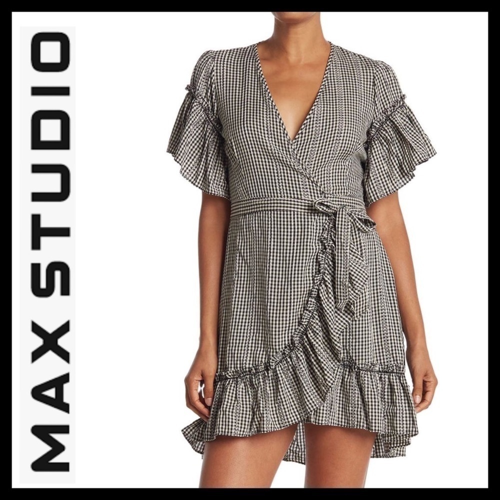 MAX STUDIO Short Sleeve Gingham Ruffle True Wrap Dress